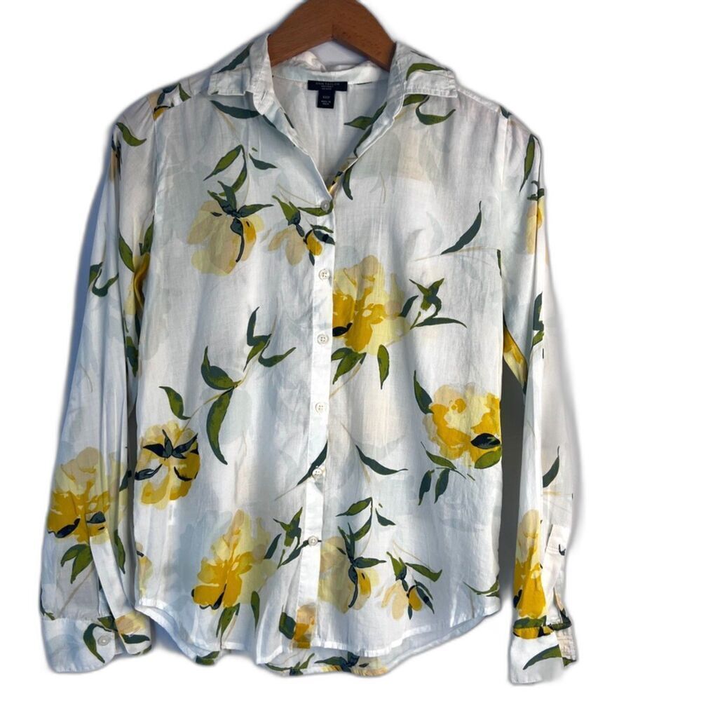 Ann Taylor Factory Petite‎ White Yellow Floral Button Front Shirt Size XXSP